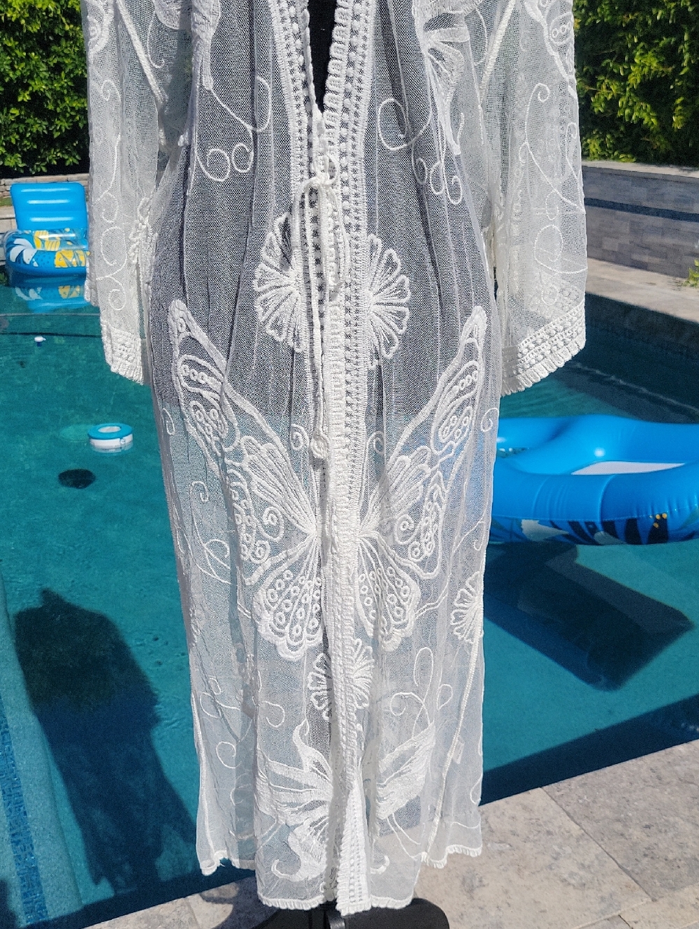 Boho White Butterfly Embroidered With Lace Trim Kimono Swim Cover Up - Picture 13 of 15